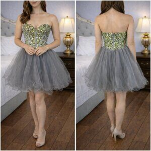 NWOT Sherri Hill 21101 Silver Mist Strapless Formal Dress $450